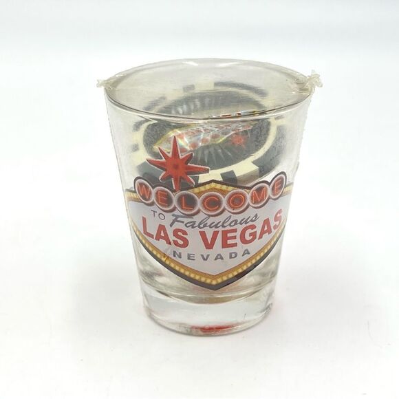 Las Vegas Shot Glass Welcome & Come Back‎ Soon Souvenir Poker Chip & Red Dice - Picture 1 of 7